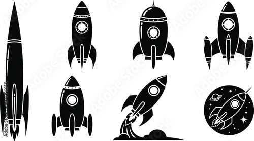 A collection of black and white rocket ship illustrations in various poses and designs on a clean white background.
