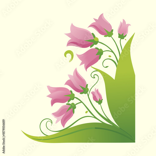 Elegant pink bell flower corner arrangement with green foliage on a clean bright background for decor