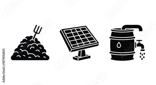 An illustration representing sustainable farming with a pile of manure, a solar panel, and a water barrel.