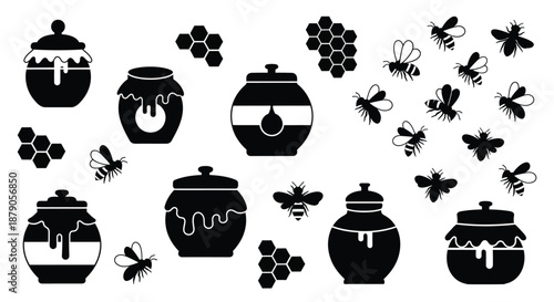 A collection of black and white illustrations of honey pots and bees on a white background