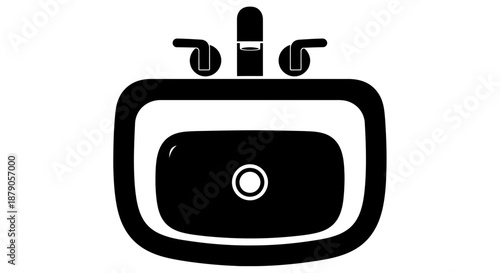 A black and white illustration of a modern bathroom sink with a sleek faucet