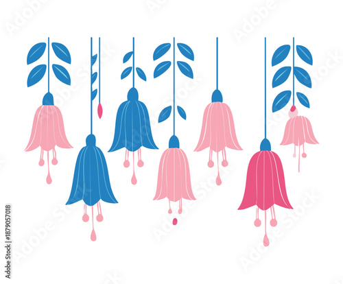 Pattern of hanging blue and pink bell flowers with green stems in a botanical floral illustration