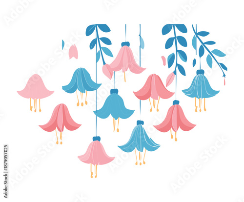 Vertical arrangement of hanging pink and blue fuchsia blossoms for modern and elegant floral wallpaper