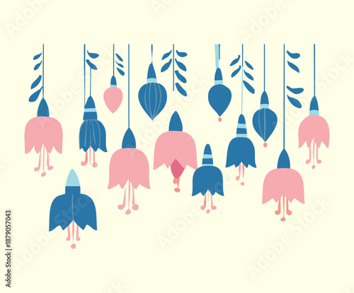 Hanging pink and blue fuchsia flowers pattern in a vertical repeating botanical wall art design