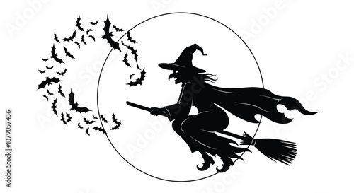 A witch flying on a broomstick with a flock of bats in a spooky Halloween scene