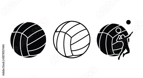 A set of black and white volleyball illustrations on a clean white background