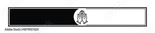 A black and white rectangular symbol with a prayer hands logo in the center