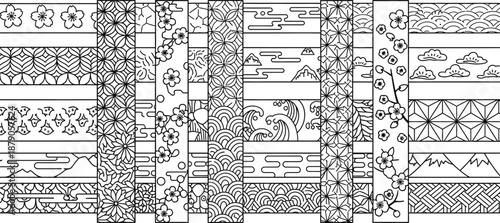 A collection of various Japanese inspired patterns and designs for coloring and relaxation