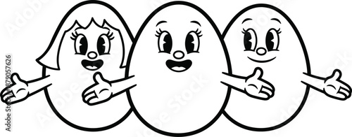 A black and white illustration of three cartoon eggs with smiling faces and outstretched arms.
