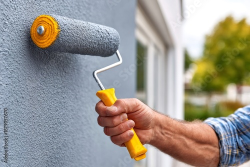 Hand painting house exterior wall using gray paint roller © Lubos Chlubny