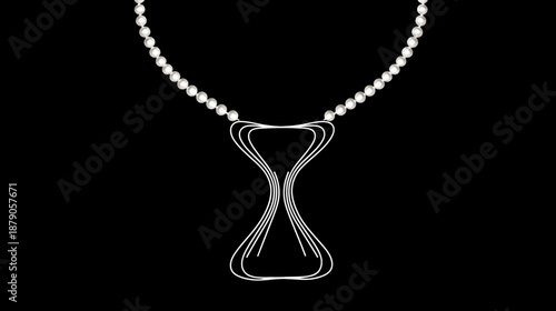Elegant pearl necklace with modern silver hourglass-shaped pendant. Luxurious jewelry on a black background.
