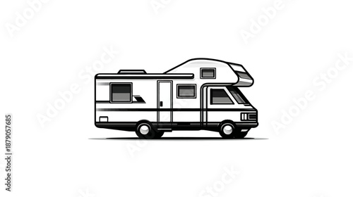 Classic recreational vehicle (RV) or motorhome side view illustration. Vector line art icon for travel and road trip concepts.