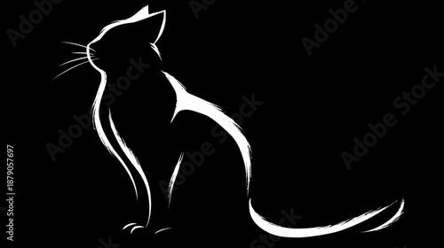Elegant minimalist black and white cat silhouette illustration looking up, graphic design concept on dark background