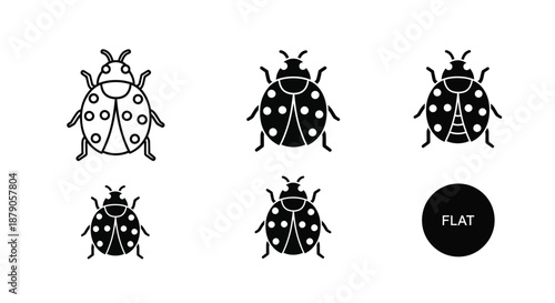 A set of black and white ladybug illustrations in various styles and poses on a flat design background