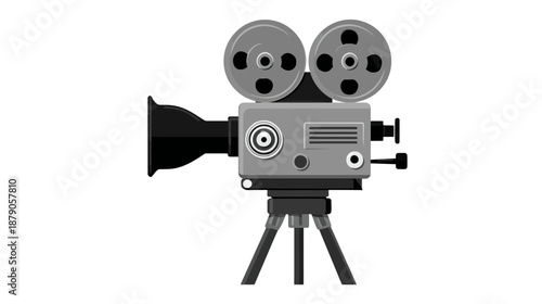 Vintage film camera on tripod, classic movie projector illustration, retro cinema equipment icon on white background