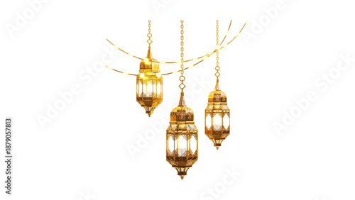 Traditional Golden Arabic Lanterns Hanging for Ramadan Decoration