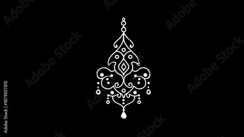Elegant White Ornate Scrollwork Motif on Black Background. Intricate Vintage Decorative Flourish Element
