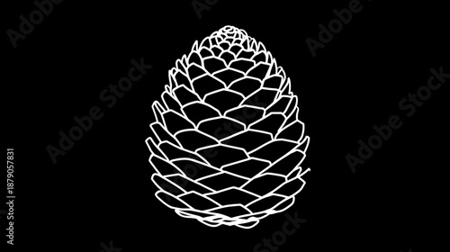 Minimalist white outline drawing of a pine cone on a black background. Simple vector illustration icon for nature, forest, and holiday themes.