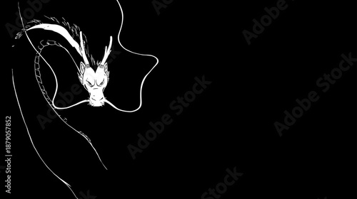 Powerful mythical creature head illustration in black and white, intricate fantasy art on a dark background, stylized dragon.