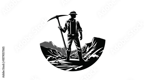 Determined Prospector Holding Pickaxe in Mountainous Gold Mining Landscape. Retro Style Vector Illustration