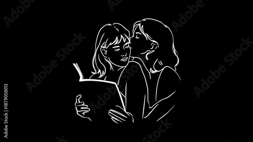White line art illustration of a loving female couple embracing and reading a book together on a black background, depicting tenderness and connection.