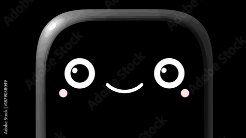 Cute and happy minimalist black cartoon face with big white eyes, a simple smile, and pink cheeks on a dark background
