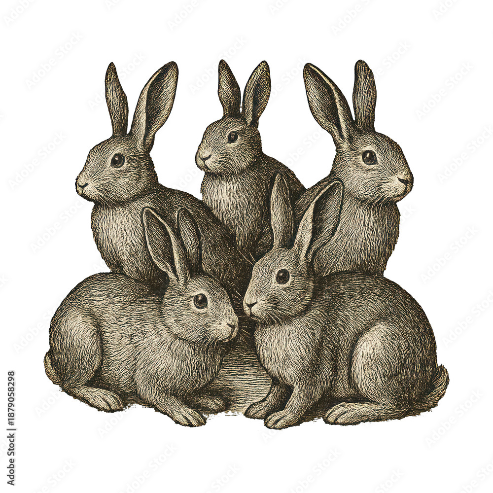 Fototapeta premium PNG Vintage rabbits group illustration.