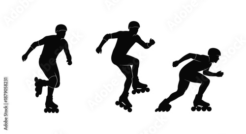 Three silhouetted figures of people rollerblading in different poses on a white background