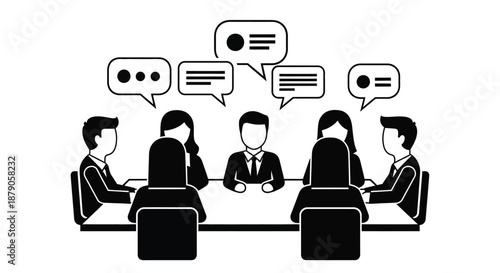 A group of business professionals engaged in a meeting with speech bubbles above their heads