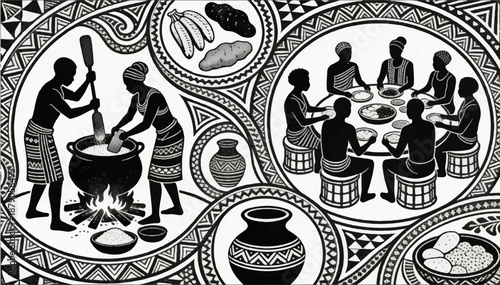 A black and white vector illustration with an intricate African-style design that intertwines scenes of culinary traditions and community_02.