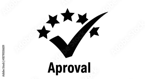 A black approval symbol with a checkmark and stars on a white background