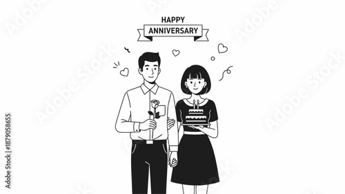 Happy anniversary couple with rose and cake line art.