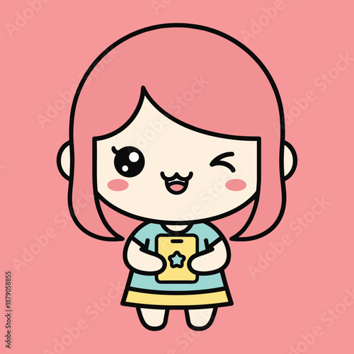 Cute cartoon girl with pink hair holding a star-shaped device and winking