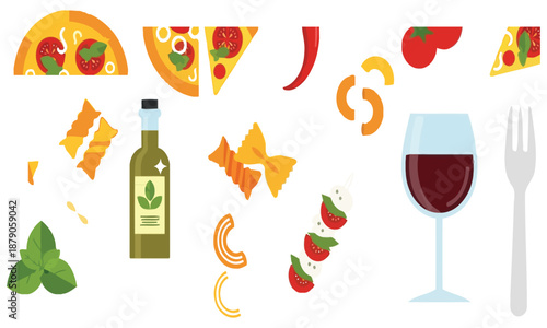 Italian Cuisine Vector Illustration Collection Featuring Pizza Pasta and Wine