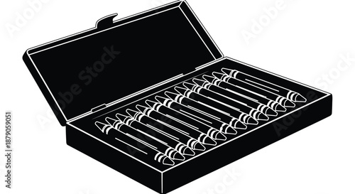 A black box containing a set of metal drill bits on a white background