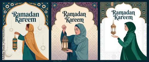 Ramadan Kareem Women Holding Lanterns with Arabic Architecture and Spiritual Light