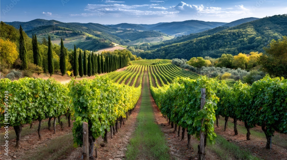 Naklejka premium Tuscany vineyard rows stretching into rolling hills