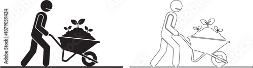 Black and white illustration of people pushing wheelbarrows with plants