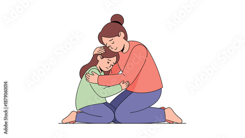 Mother comforting sad daughter with a warm hug, cartoon illustration