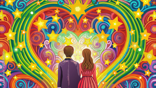 Couple standing before vibrant heart shaped rainbow background with stars