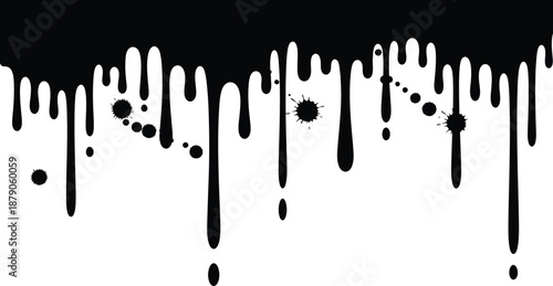 A black and white abstract illustration of paint drips and splatters on a clean background