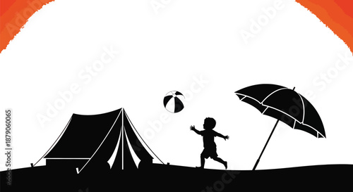 A silhouette of a child playing with a beach ball near a tent and umbrella on a sunny day.
