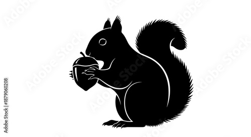 A black silhouette of a squirrel eating an apple on a white background