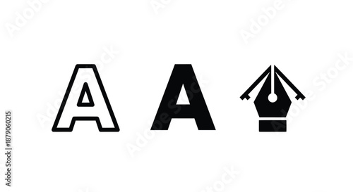 A stylized illustration of the letter A in different fonts and a fountain pen nib on a white background.