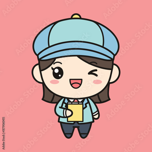 Cartoon character with blue hat and yellow notebook winking and smiling