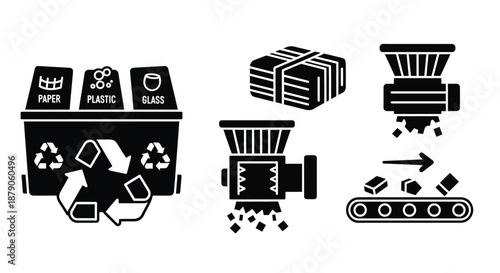 A black and white illustration of recycling and industrial processes including a recycling bin and machines processing materials.