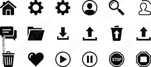 A collection of black icons on a white background representing various digital and everyday concepts.
