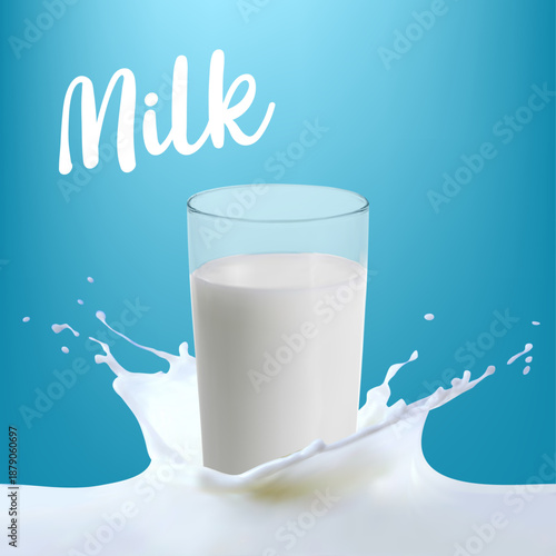3d glass of milk  with milk splash. Realistic glass of milk