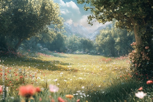 Lush meadow with wildflowers and trees under a clear blue sky in springtime