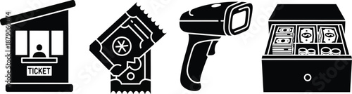 A set of black and white icons representing various payment and ticket purchasing methods.